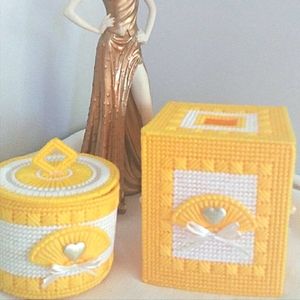 Yellow White Handmade Tissue Box Cover Trinket Box